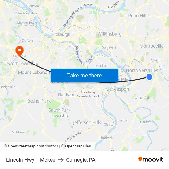 Lincoln Hwy + Mckee to Carnegie, PA map