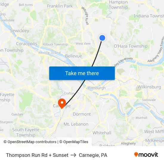 Thompson Run Rd + Sunset to Carnegie, PA map