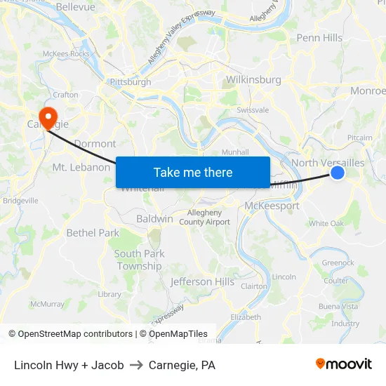 Lincoln Hwy + Jacob to Carnegie, PA map