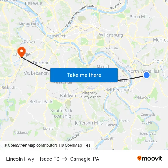 Lincoln Hwy + Isaac FS to Carnegie, PA map