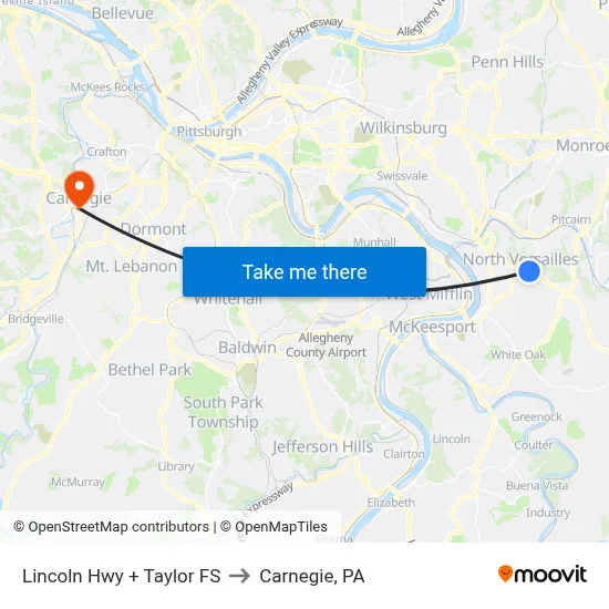 Lincoln Hwy + Taylor FS to Carnegie, PA map