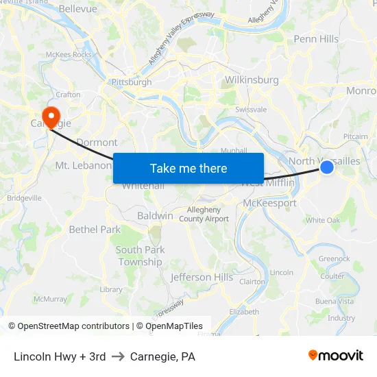 Lincoln Hwy + 3rd to Carnegie, PA map