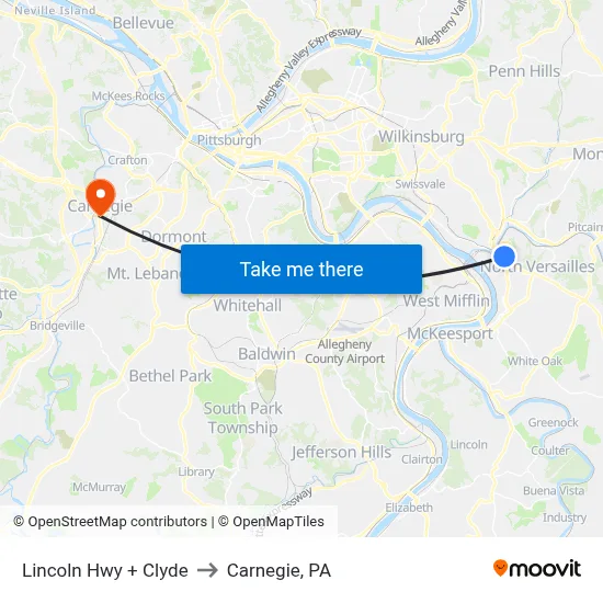 Lincoln Hwy + Clyde to Carnegie, PA map