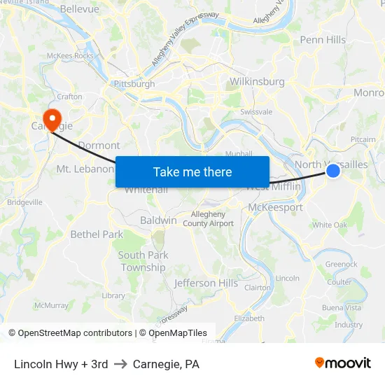 Lincoln Hwy + 3rd to Carnegie, PA map