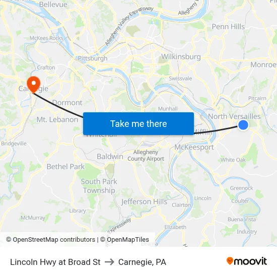Lincoln Hwy at Broad St to Carnegie, PA map