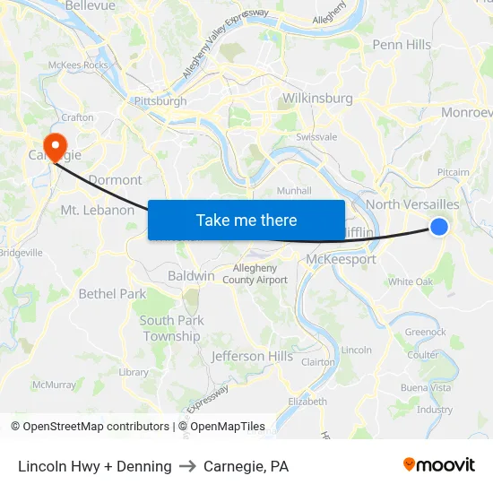 Lincoln Hwy + Denning to Carnegie, PA map
