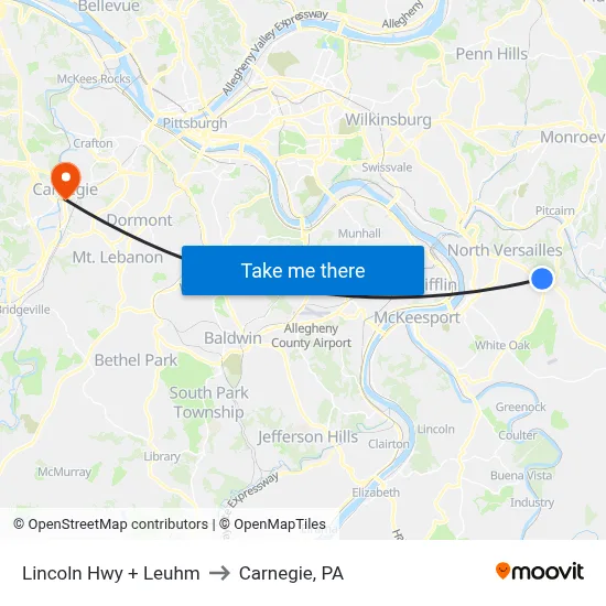Lincoln Hwy + Leuhm to Carnegie, PA map