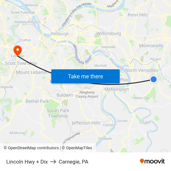 Lincoln Hwy + Dix to Carnegie, PA map