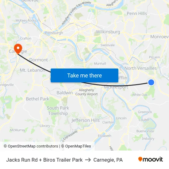 Jacks Run Rd + Biros Trailer Park to Carnegie, PA map