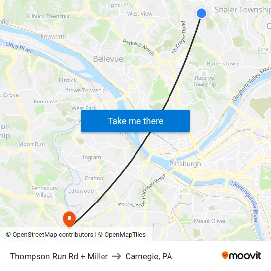 Thompson Run Rd + Miller to Carnegie, PA map