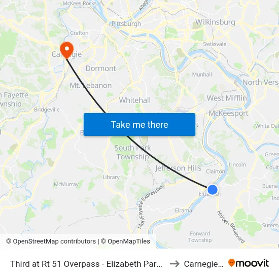 Third at Rt 51 Overpass - Elizabeth Park And Ride to Carnegie, PA map