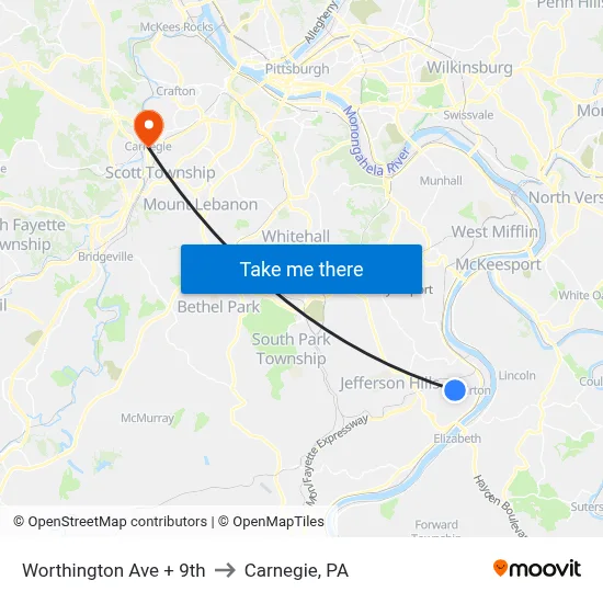Worthington Ave + 9th to Carnegie, PA map