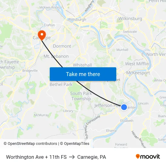 Worthington Ave + 11th FS to Carnegie, PA map