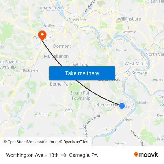 Worthington Ave + 13th to Carnegie, PA map