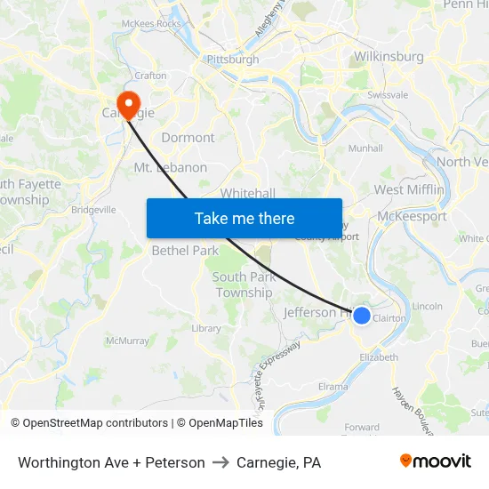 Worthington Ave + Peterson to Carnegie, PA map