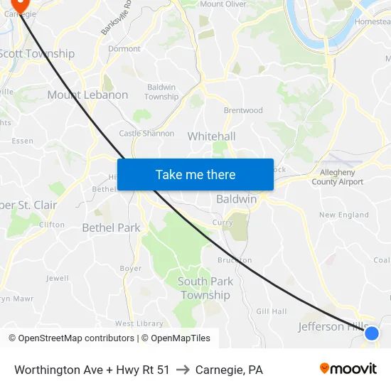 Worthington Ave + Hwy Rt 51 to Carnegie, PA map