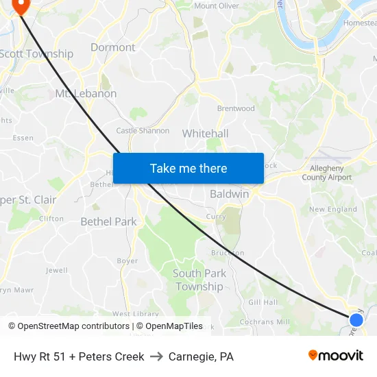 Hwy Rt 51 + Peters Creek to Carnegie, PA map