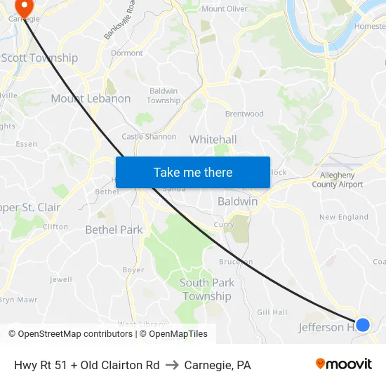 Hwy Rt 51 + Old Clairton Rd to Carnegie, PA map