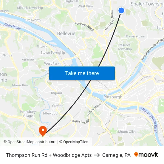 Thompson Run Rd + Woodbridge Apts to Carnegie, PA map
