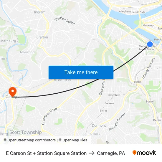 E Carson St + Station Square Station to Carnegie, PA map