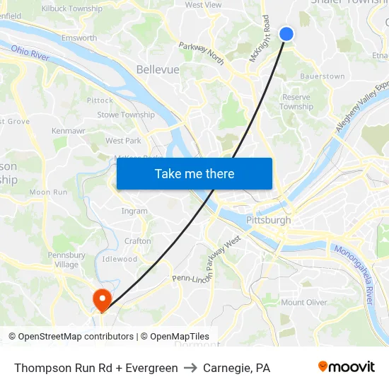 Thompson Run Rd + Evergreen to Carnegie, PA map