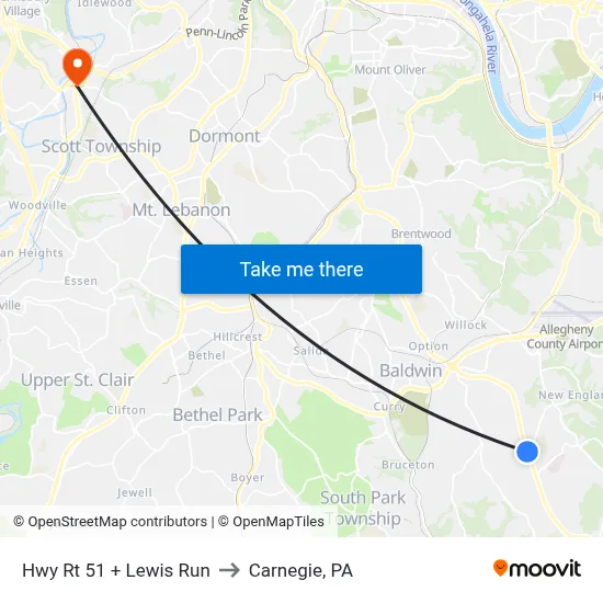 Hwy Rt 51 + Lewis Run to Carnegie, PA map