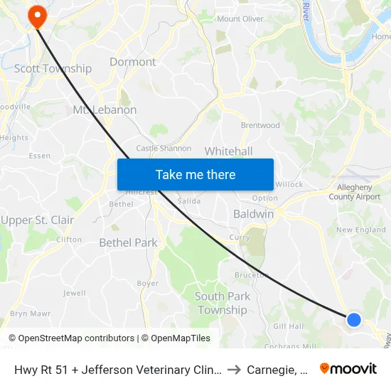 Hwy Rt 51 + Jefferson Veterinary Clinic to Carnegie, PA map