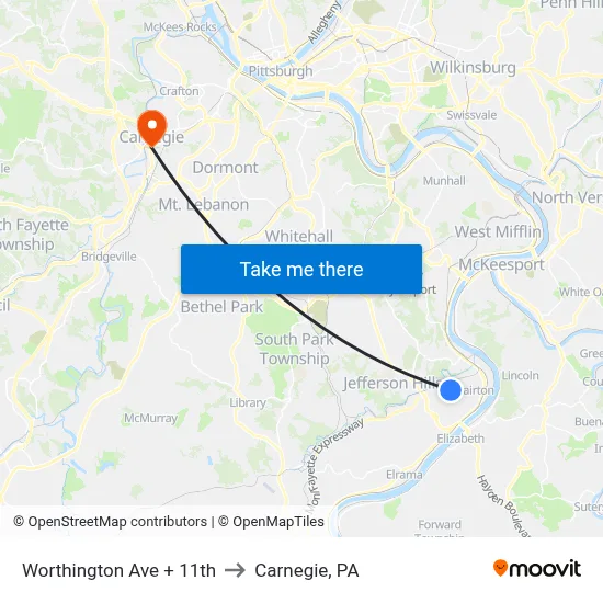 Worthington Ave + 11th to Carnegie, PA map
