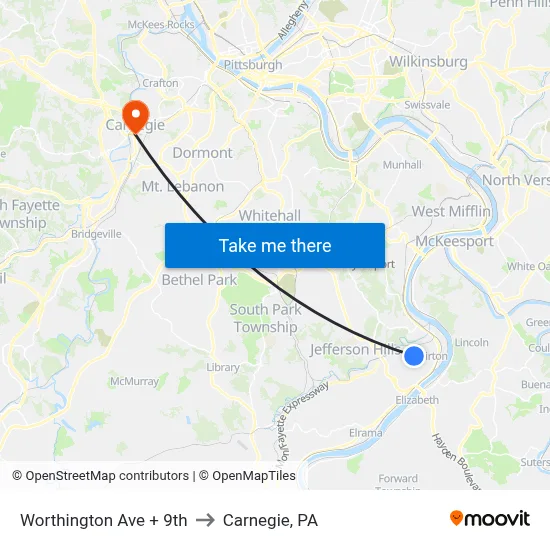 Worthington Ave + 9th to Carnegie, PA map