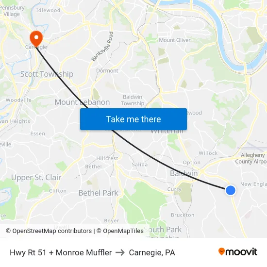 Hwy Rt 51 + Monroe Muffler to Carnegie, PA map