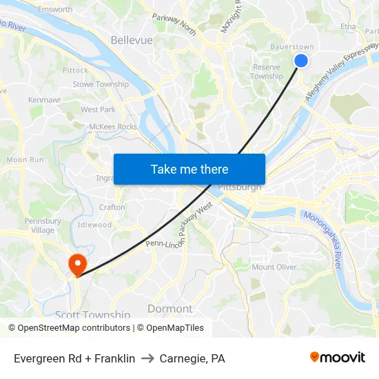 Evergreen Rd + Franklin to Carnegie, PA map