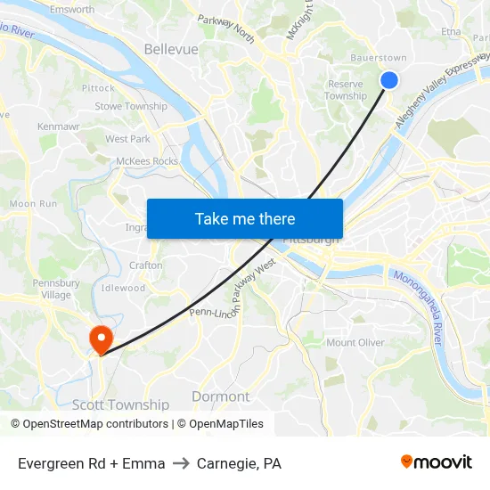 Evergreen Rd + Emma to Carnegie, PA map