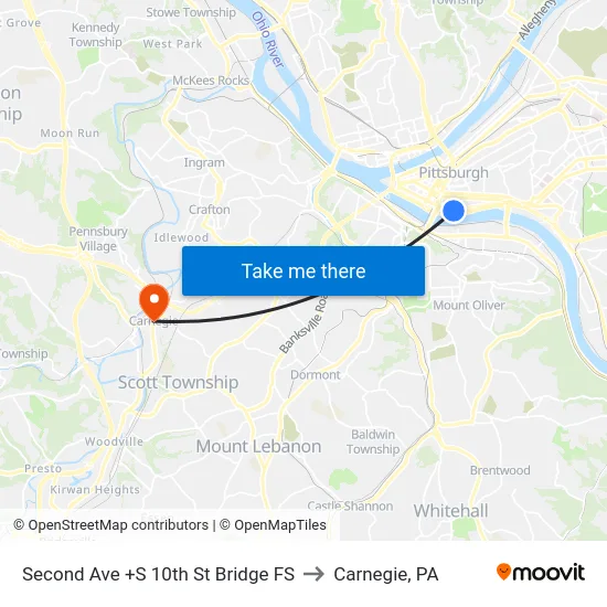 Second Ave +S 10th St Bridge FS to Carnegie, PA map