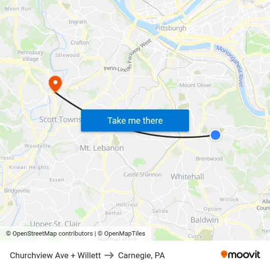 Churchview Ave + Willett to Carnegie, PA map