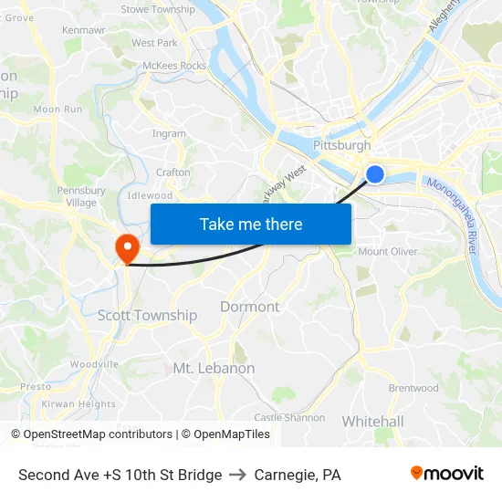 Second Ave +S 10th St Bridge to Carnegie, PA map