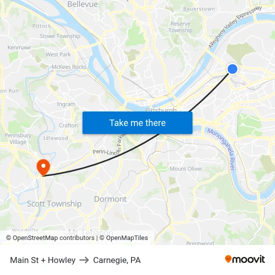 Main St + Howley to Carnegie, PA map