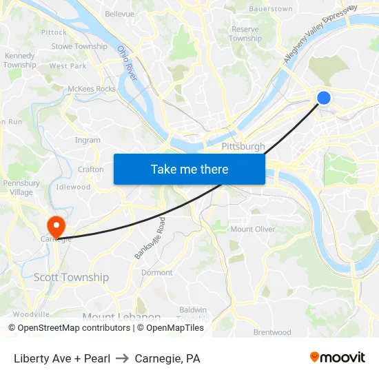Liberty Ave + Pearl to Carnegie, PA map