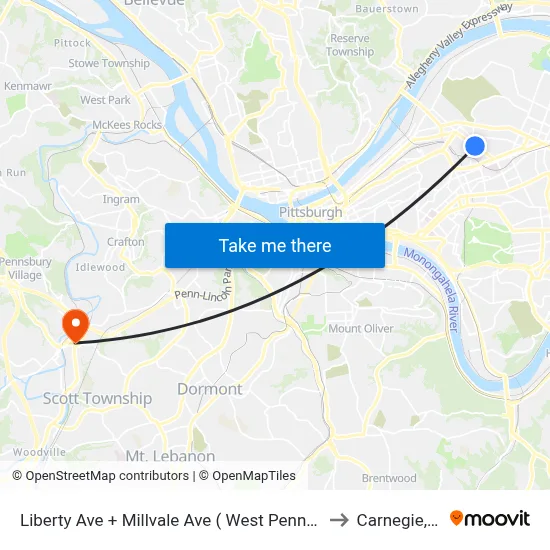 Liberty Ave + Millvale Ave ( West Penn Hosp) to Carnegie, PA map