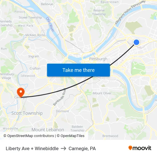 Liberty Ave + Winebiddle to Carnegie, PA map