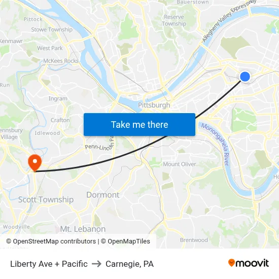 Liberty Ave + Pacific to Carnegie, PA map
