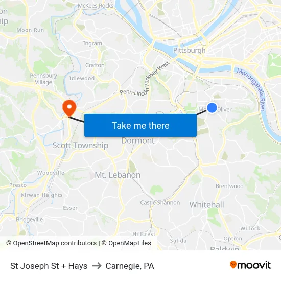 St Joseph St + Hays to Carnegie, PA map