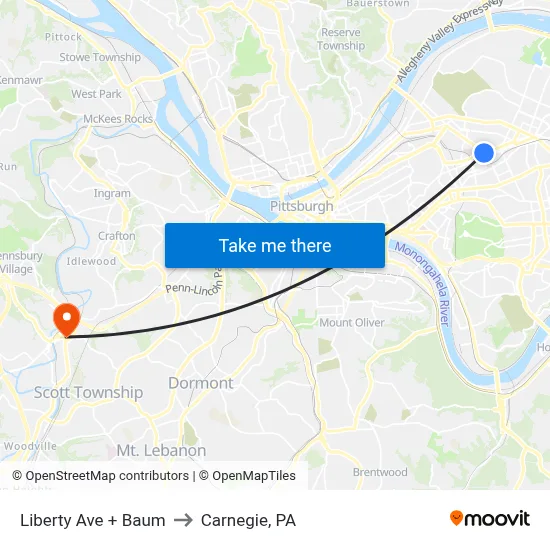 Liberty Ave + Baum to Carnegie, PA map