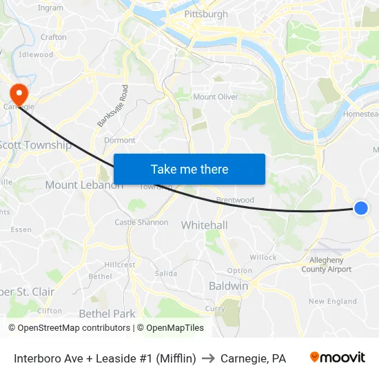 Interboro Ave + Leaside #1 (Mifflin) to Carnegie, PA map
