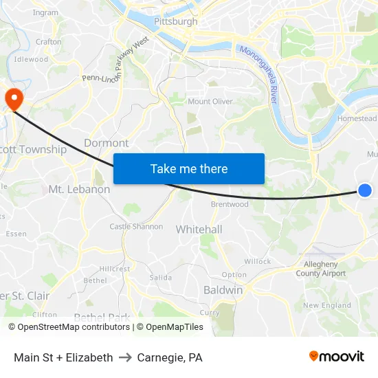 Main St + Elizabeth to Carnegie, PA map