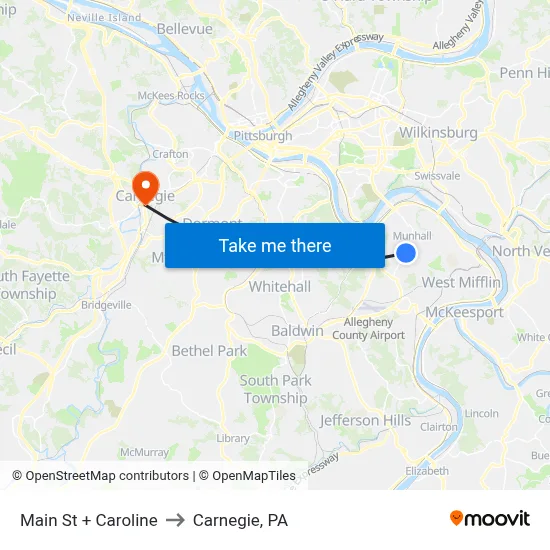 Main St + Caroline to Carnegie, PA map
