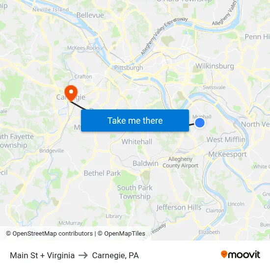 Main St + Virginia to Carnegie, PA map