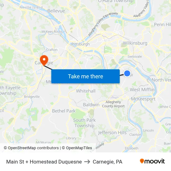 Main St + Homestead Duquesne to Carnegie, PA map