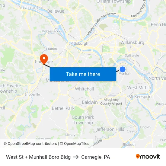 West St + Munhall Boro Bldg to Carnegie, PA map