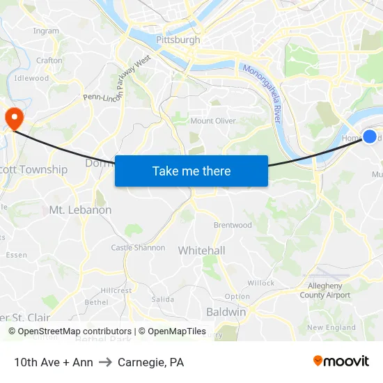 10th Ave + Ann to Carnegie, PA map