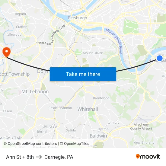 Ann St + 8th to Carnegie, PA map